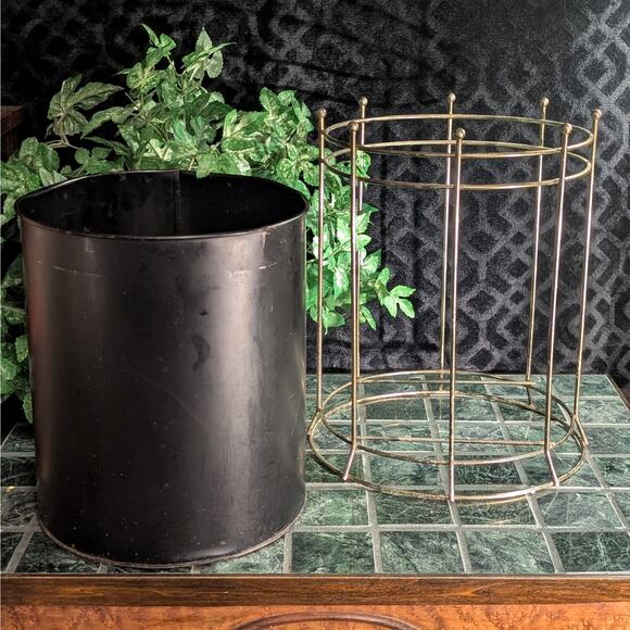 Vintage Mid Century MCM Atomic Style Gold & Black Metal Waste Basket Trash Can - Picture 3 of 8